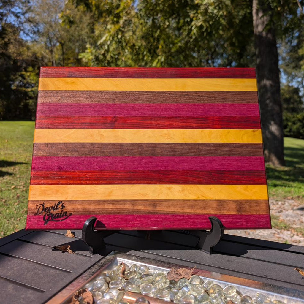 No. 326 "Aunt Cheryl's Couch" | Purpleheart, Yellowheart, Padauk & Walnut Cutting Board, 16x12
