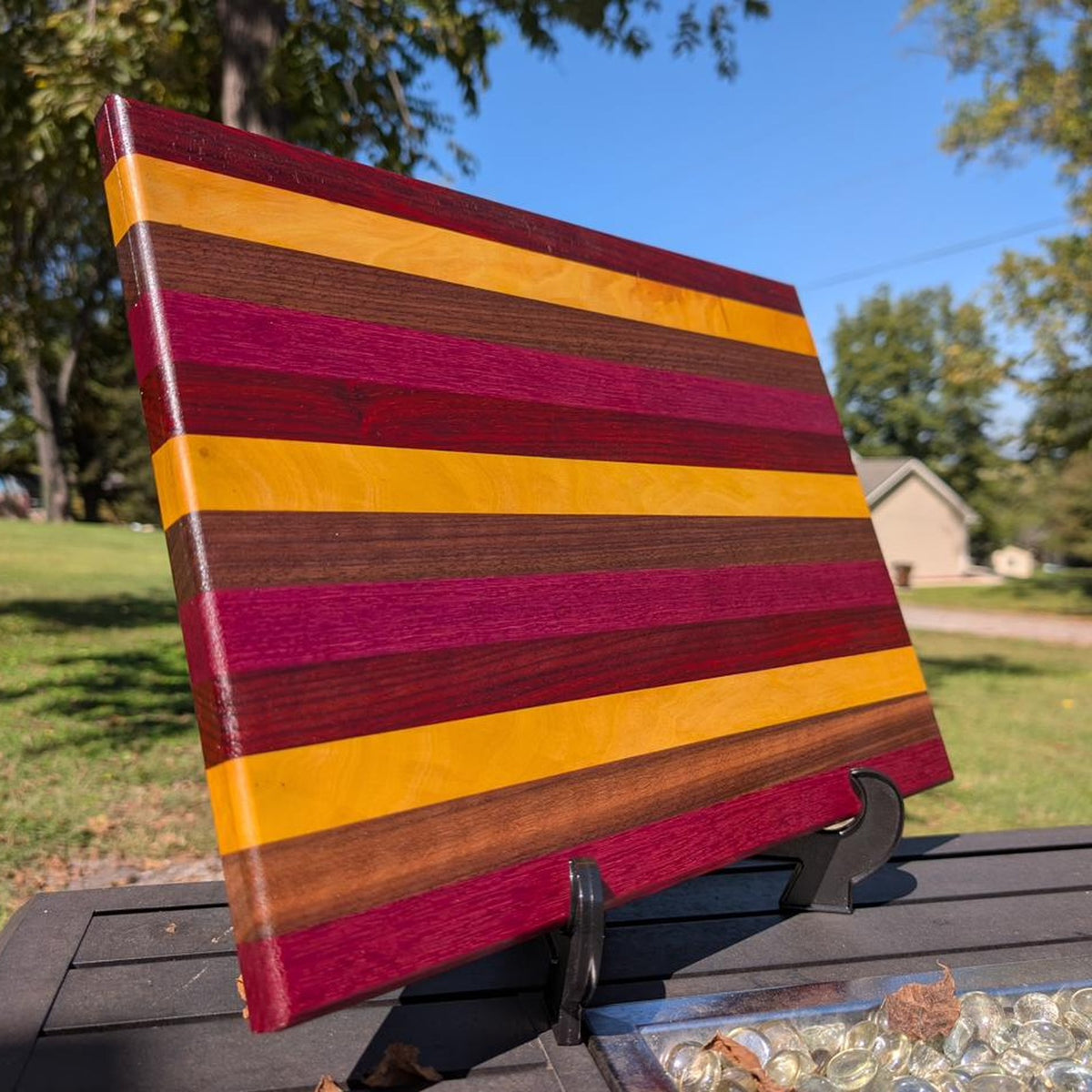 No. 326 "Aunt Cheryl's Couch" | Purpleheart, Yellowheart, Padauk & Walnut Cutting Board, 16x12
